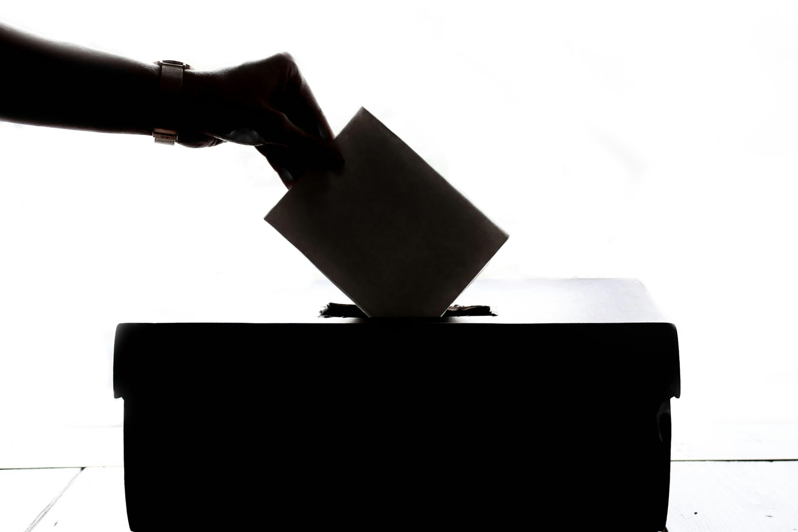 Black silhouette of a hand putting a ballot into a box against a white background.