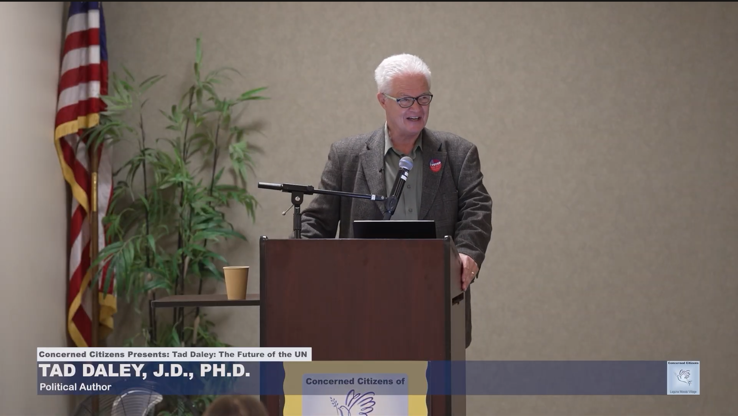 Image of Tad Daley, JD, PhD presenting "The Future of the United Nations" to the Concerned Citizens of Laguna Woods Village in November 2025.
