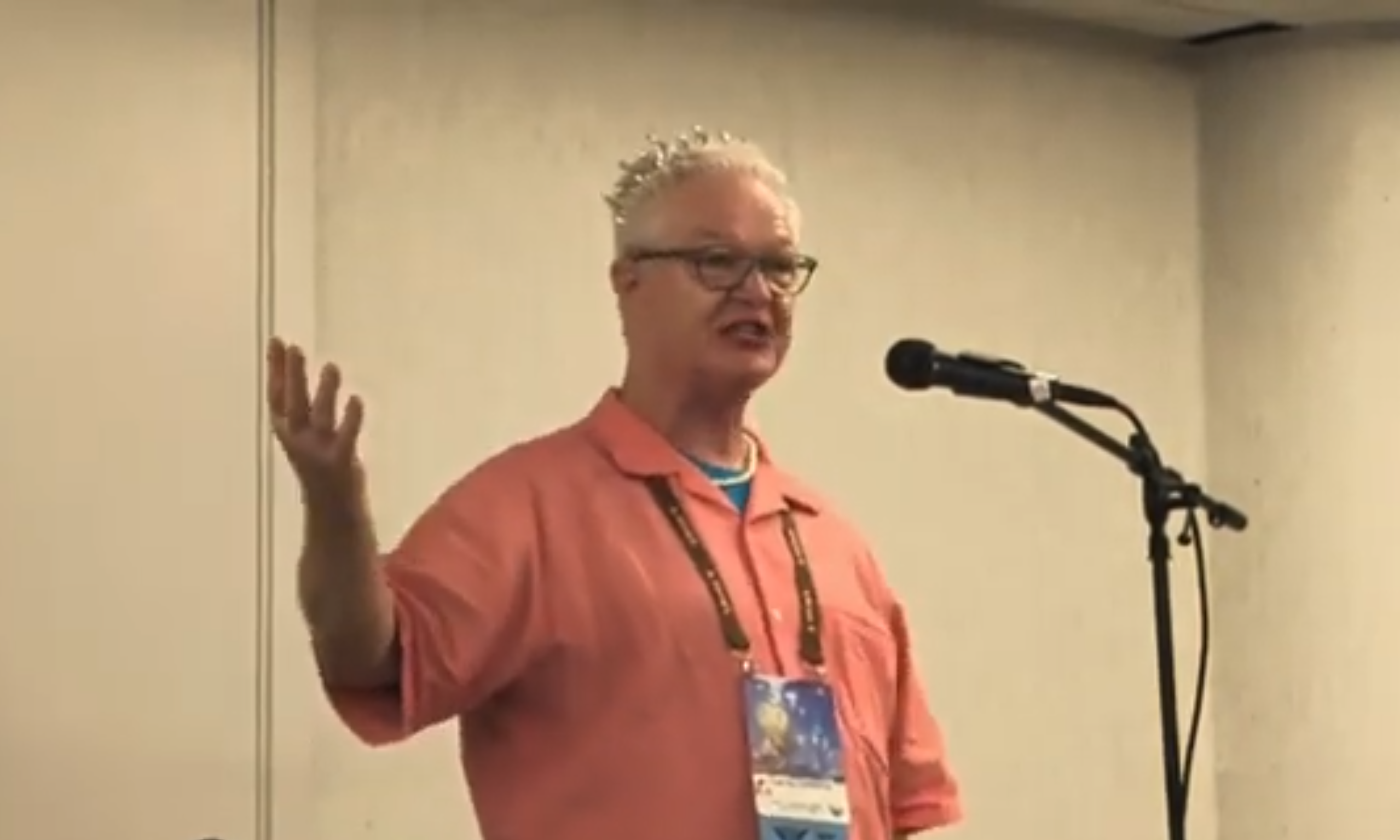 Photo of Tad Daley speaking at L A con 5, the 84th WorldCon.